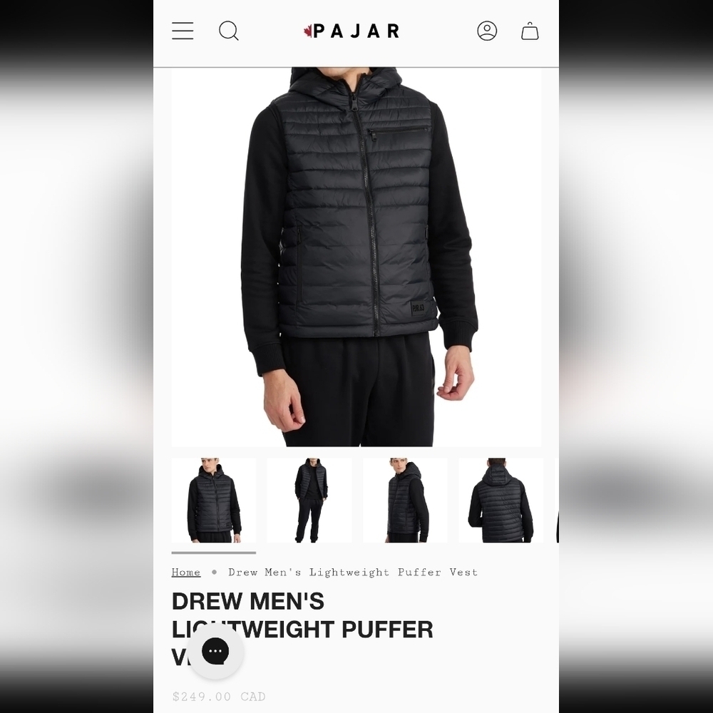 Pajar Drew Mens Lightweight Black Puffer Vest Medium Sleeveless packable